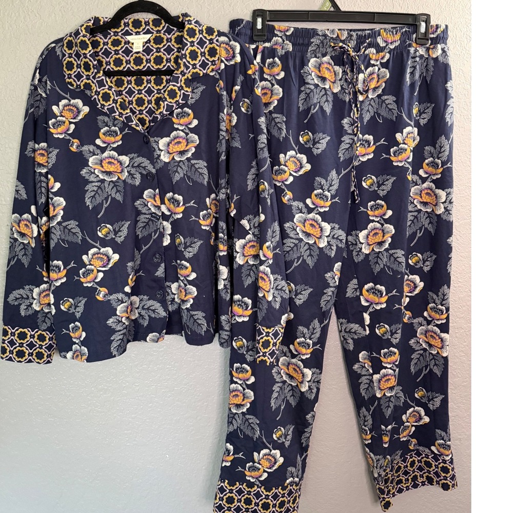 Vera Bradley Pajama Set XL Madison Blue Floral Cotton Button Down Drawstring